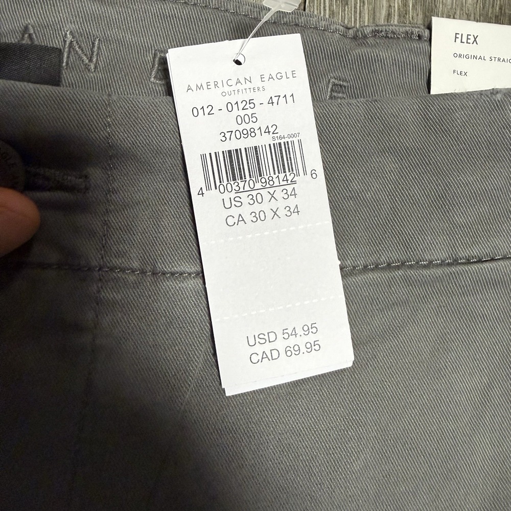 American Eagle Original Straight Lived-In Flex Khaki Pants 30x34 Grey NWT - Picture 3 of 4